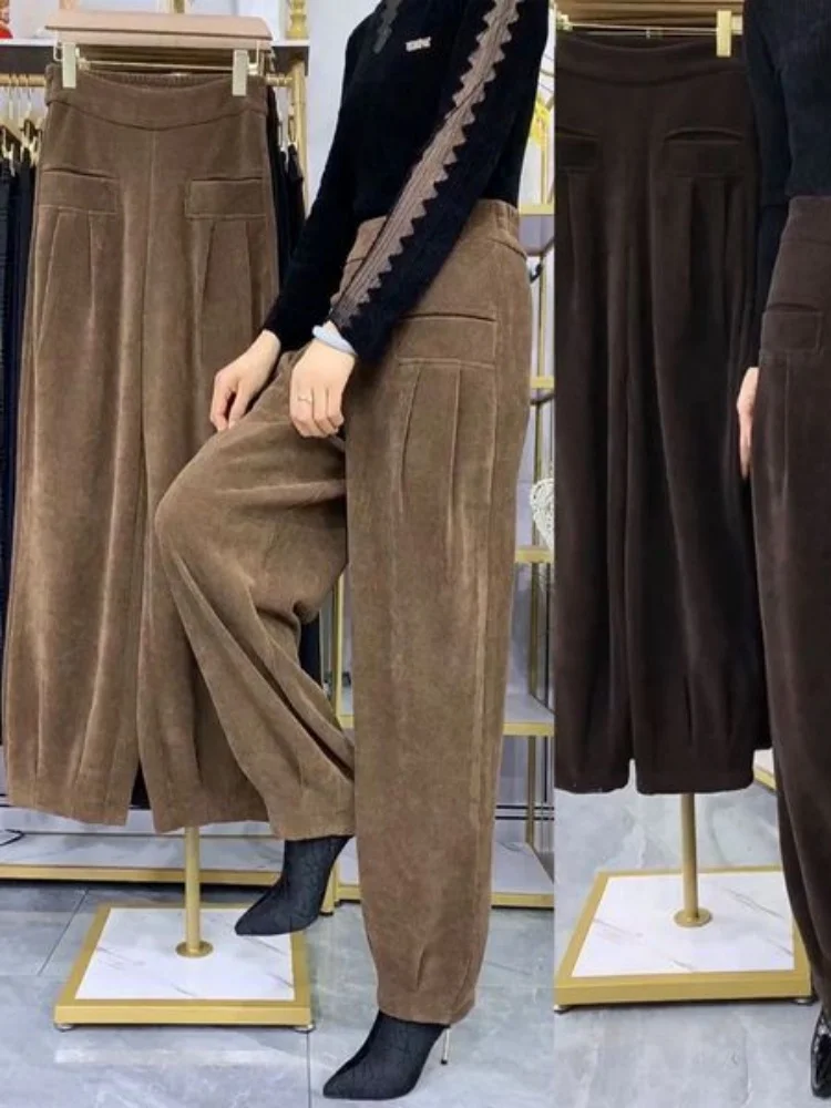Pantaloni Harlan a vita alta Thiened Fce Pantaloni lunghi da donna con lanterna in velluto drappeggiato dimagrante Pendolarismo Sle Colore puro Coreano Ve...