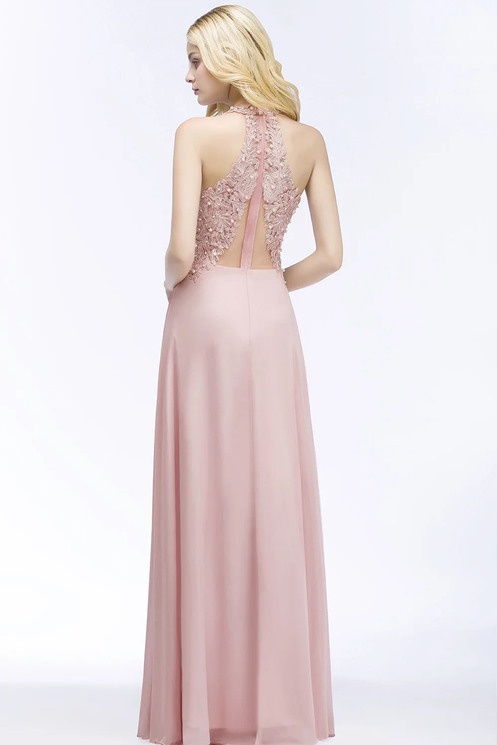 Dusty Pink Halter Neck Lace Pearls Evening Dresses Long Sexy Open Back Chiffon Formal Party Prom Gowns Vestido De Gala Jurken