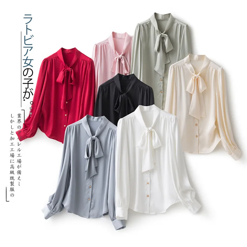 Spring Satin Bow Ribbon Blouses Women Stand Collar Single Breasted Loose Elegant Shirts Tops