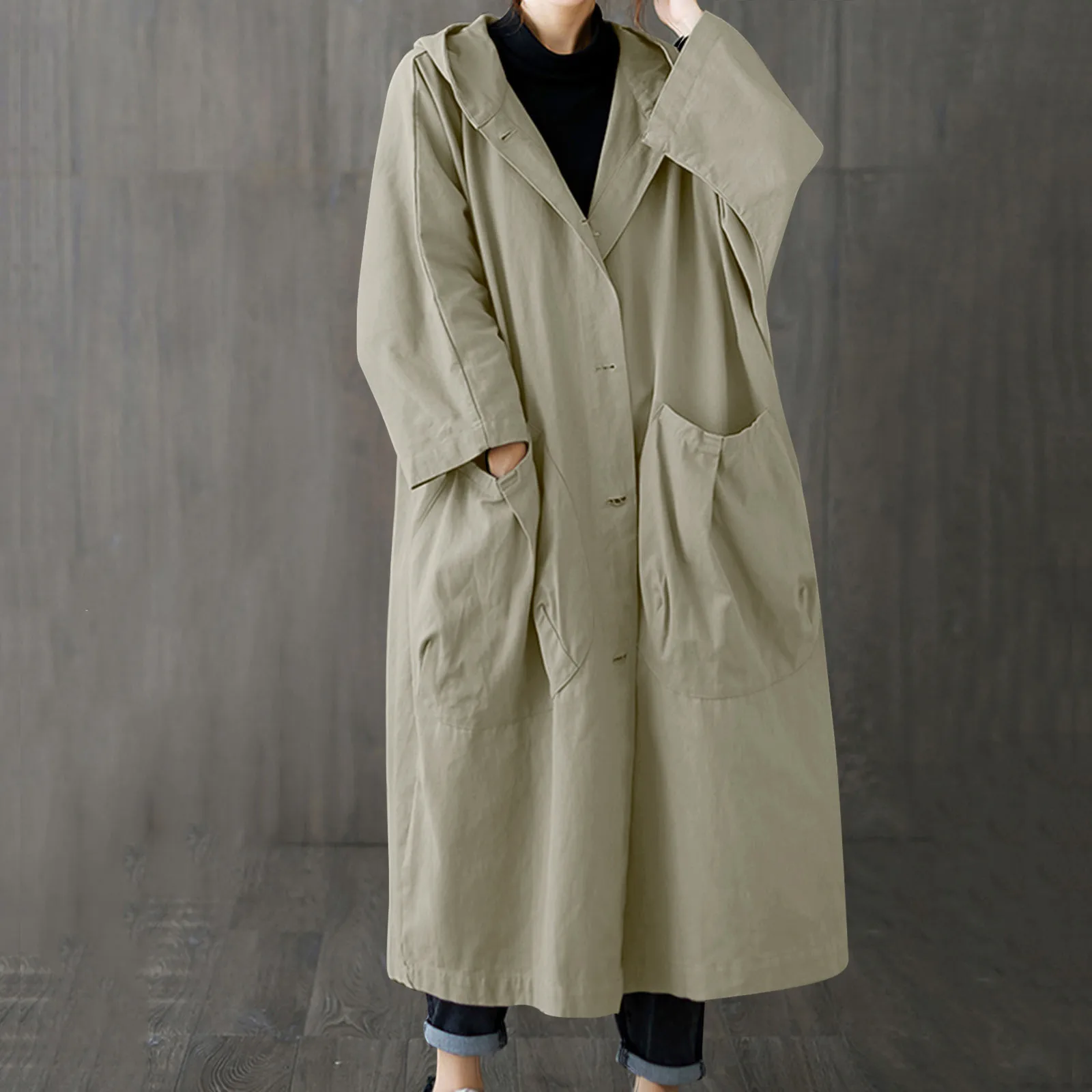 Single Breasted Loose Fitting Big Pocket Long Trench Coat Women Solid Color Hooded Overcoat Comfortable Fashion Windbreaker