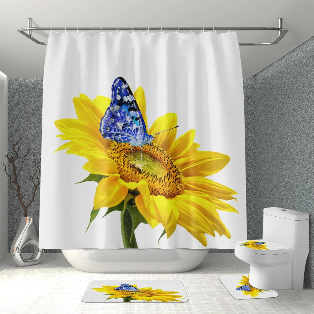 

Yellow Sunflower Pattern Shower Curtain set non-slip Carpet toilet seat cover Waterproof Bathroom Decoration