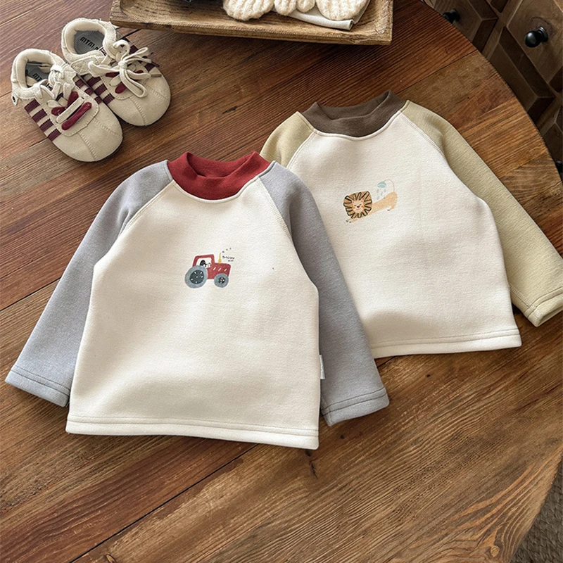 

Newborn Half High Neck Bottom Shirt Children Winter Clothing New Style Cartoon Long Sleeve Baby Boys Versatile T-shirts