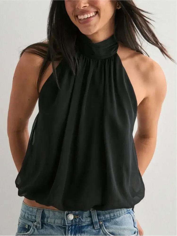 ZOCI Women's  Elegant Top Halter-Neck Backless Solid Colour Top Sexy Off Shoulder Top Night Club Party Top