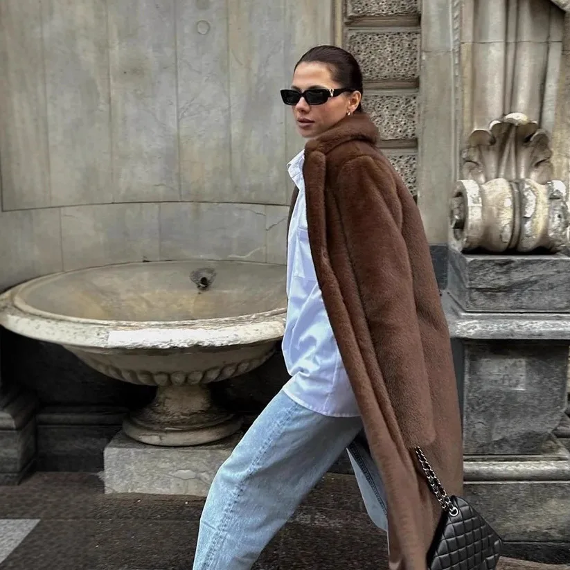 Faux Nerz Pelz Mäntel Frauen Solide Lange Pelz Jacken Tasche Revers Kragen Lange Ärmel Offenen Stich Lose Beiläufige 2025, Herbst winter