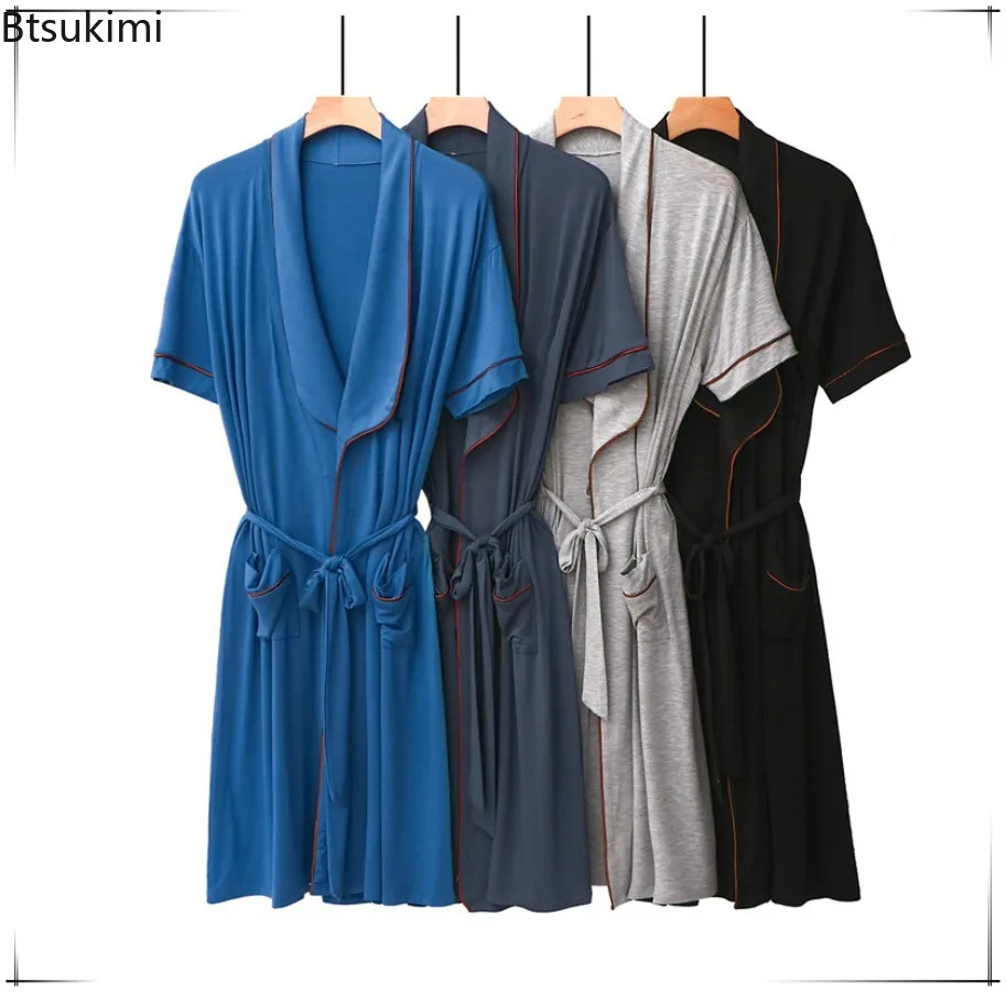 

New Men's Plus Size Home Clothes Short-sleeved Cardigan Mid-length Men Kimono Bathrobe with Waist Lace-up Pajamas Bathrobe Male