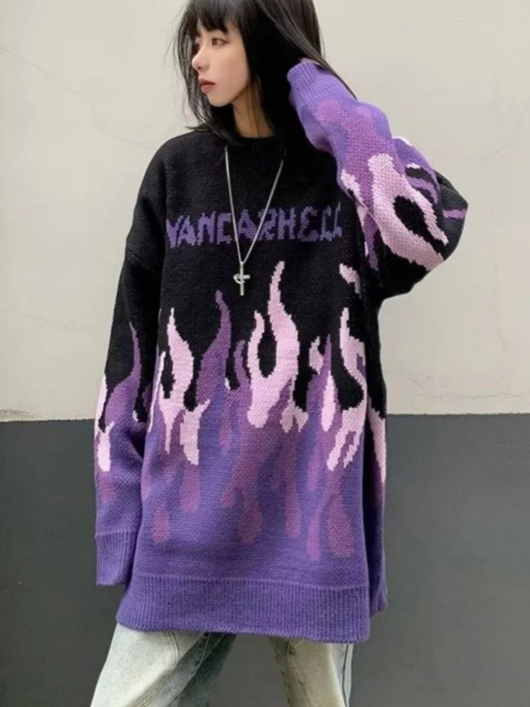 Hip Hop Graphic Flame Printing Sweater Men Women Warm Winter Long Sleeve Jumper Tops Loose Baggy Gothic Clothes Sueter Mujer