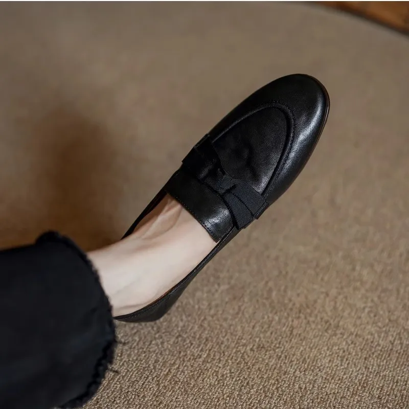 Casual Loafers Women Slip-On Soft  Horsehide Flats   Women Basic Loafer Cozy Round Toe  Simple ShoesRetro Mules Bowtie Flats