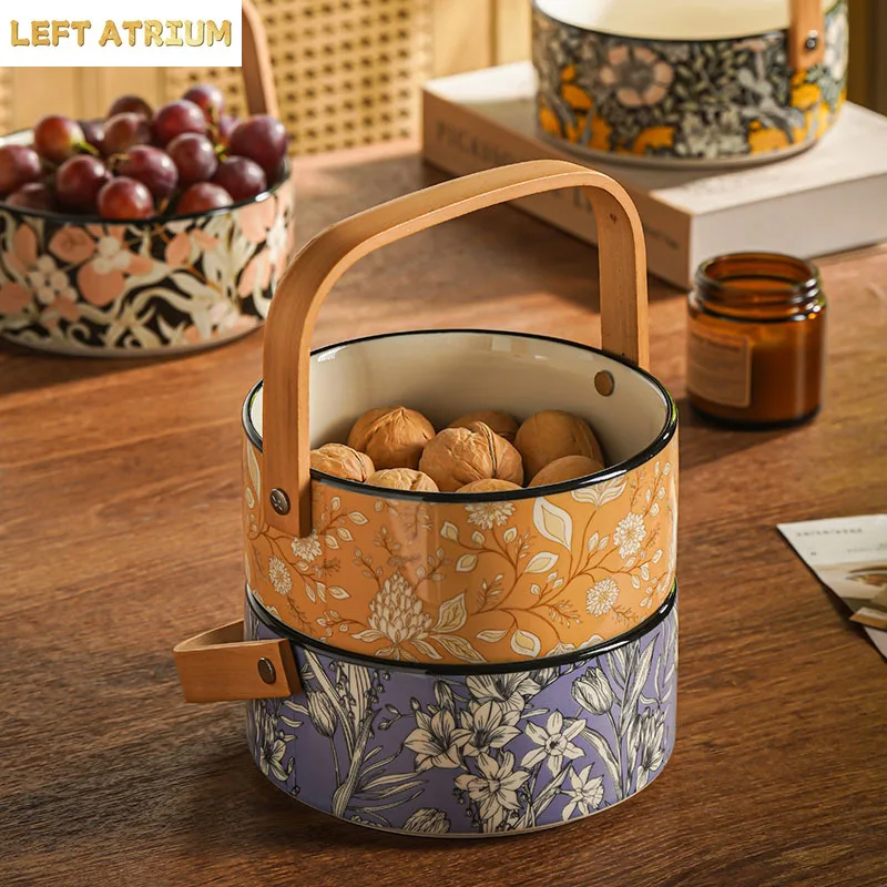 

Керамический поднос для фруктов с цветочным узором, бамбуковая деревянная ручка, корзина для фруктов, поднос для хранения закусок и сухофруктов, домашний контейнер для хранения