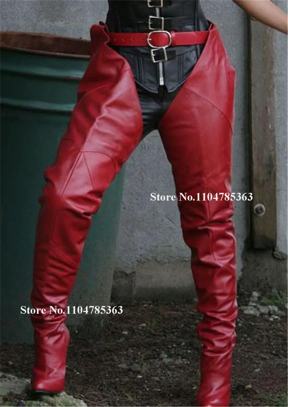 

Newest Red Matte Leather Super High Waist Buckles Thin Heel Pant Boots Sexy Pointed Toe Thigh High Stiletto Heel Long Boots