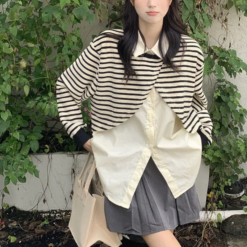 Striped Patchwork Loose Pullovers Female Clothing Fake Two Pieces Polo-Neck Spring Autumn Button Long Sleeve Korean Sweatshirts