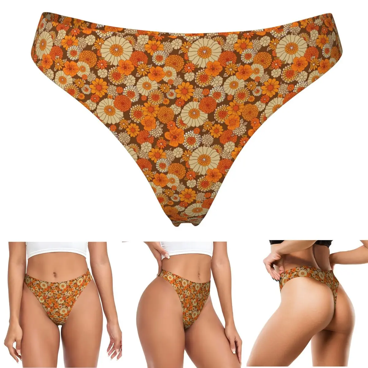 calcinhas-g-string-boho-vintage-dos-anos-70-com-estampa-de-margaridas-em-laranja-e-marrom-confortaveis-e-respiraveis-para-mulheres
