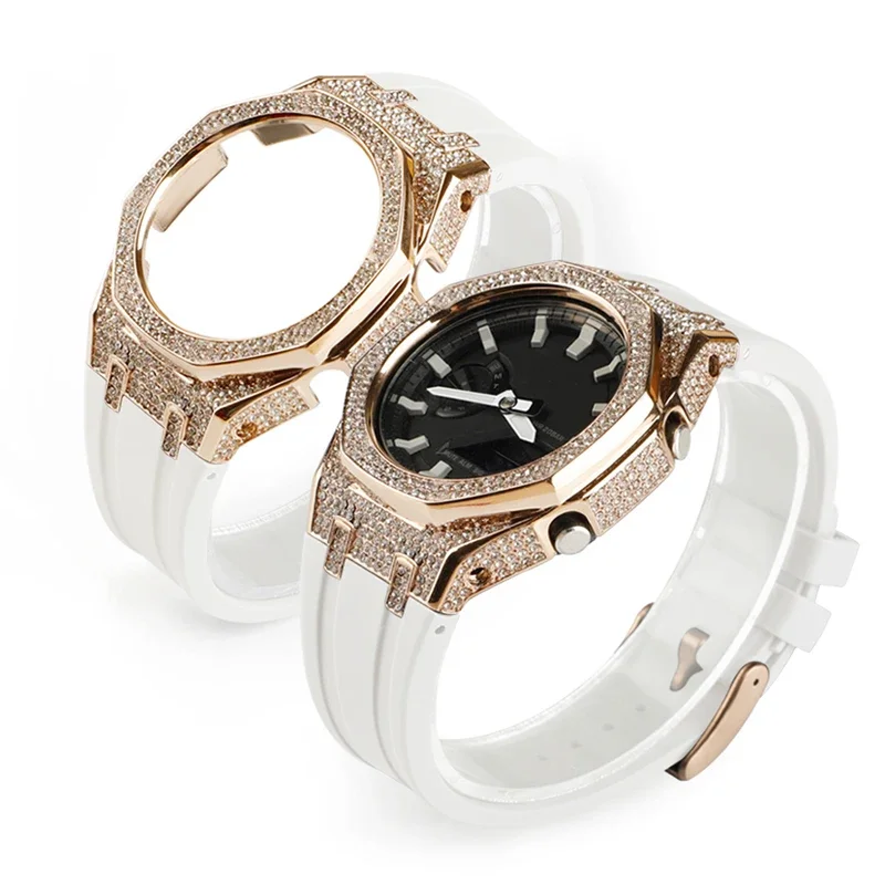 مجموعة تعديل فاخرة لكاسيواك GA2100 و GAB2100 ، علبة معدنية ماسية ، حافة مجددة Ga ، سوار سوار مطاطي