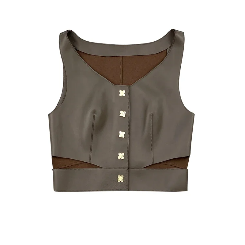 Design sexy genuine leather sheepskin multicolor hollow-out waist ladies short vest