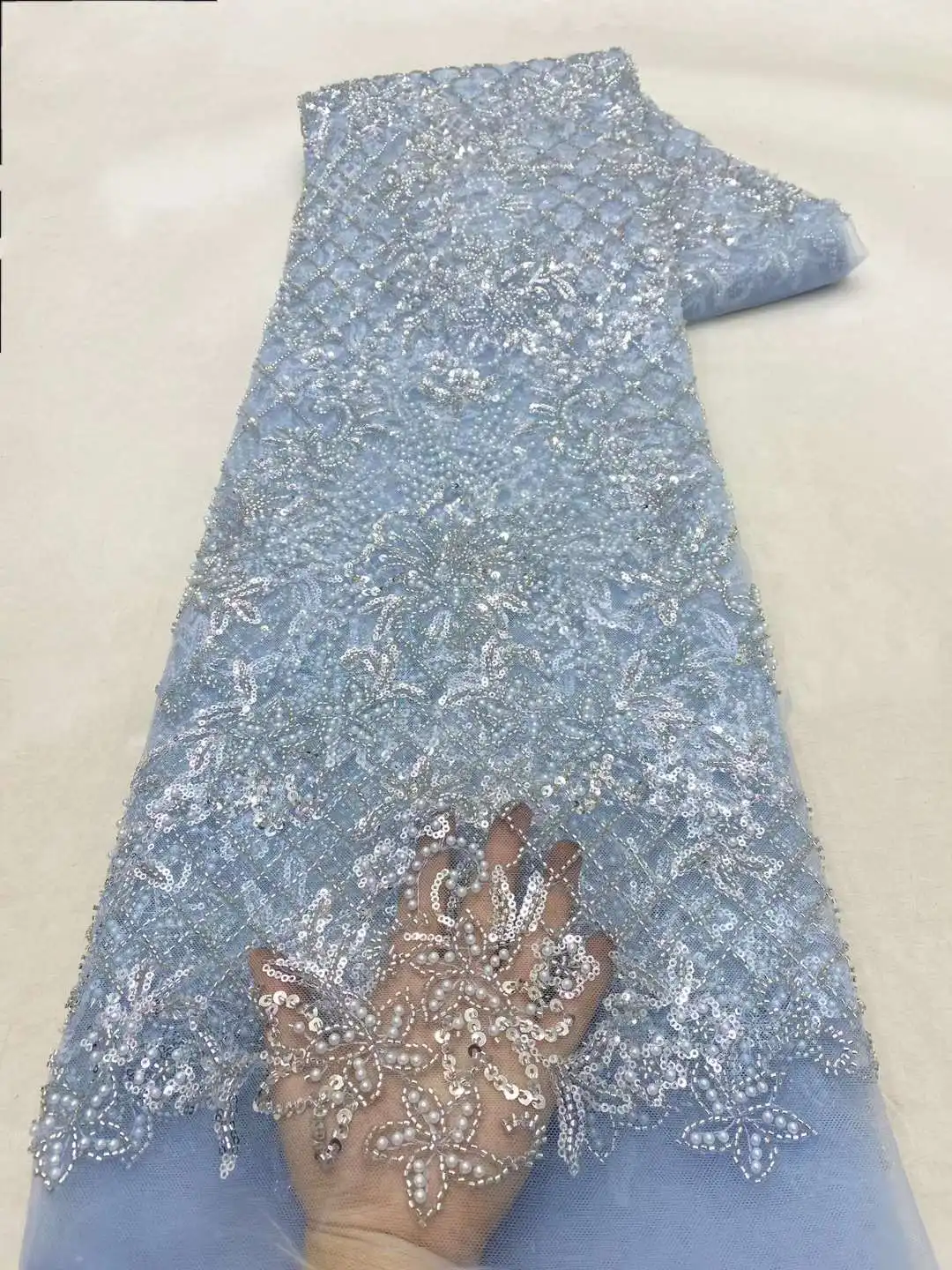 

Blue 5 Yards African Sequins Beaded Lace Fabrics 2024 High Quality Sequence Embroidery French Nigerian Wedding Sewing Material