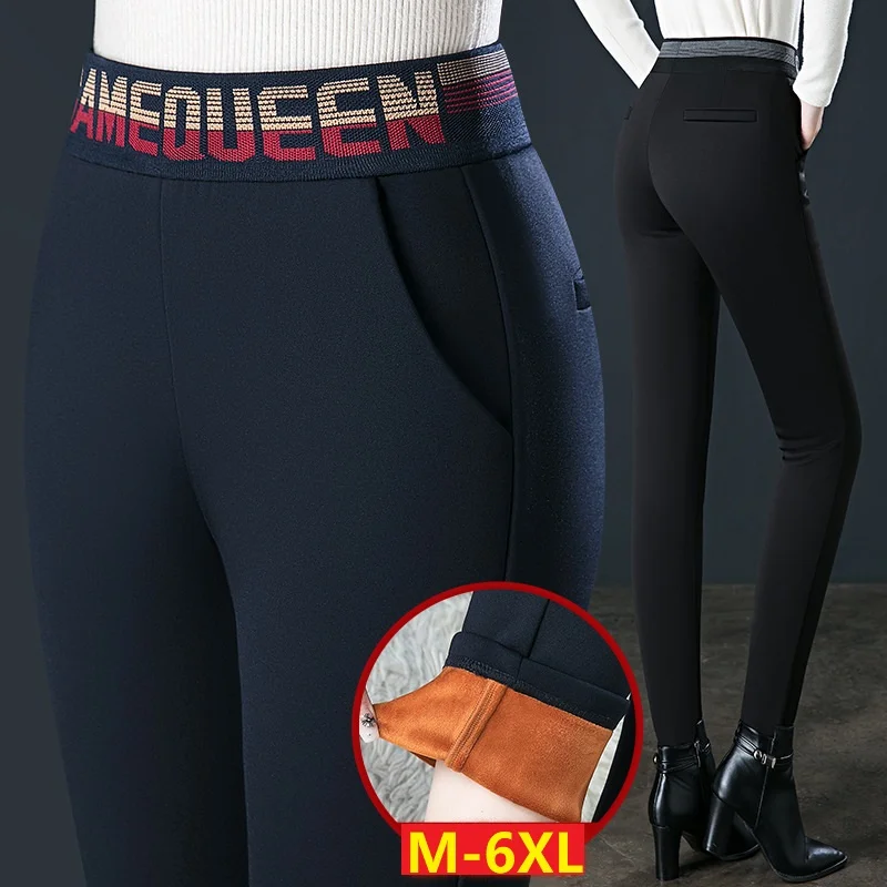 Autumn Winter Women Trousers 2023 New Fashion Elastic High Waist Tight Pencil Pants Female Add Velvet Warm Casual Long Pants 6XL