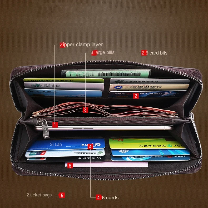 Fashion Zipper Long Wallet Luxury Mens Large Capacity Retro PU Leather Card Bag Multi-Card Coin Purse Men Wallet