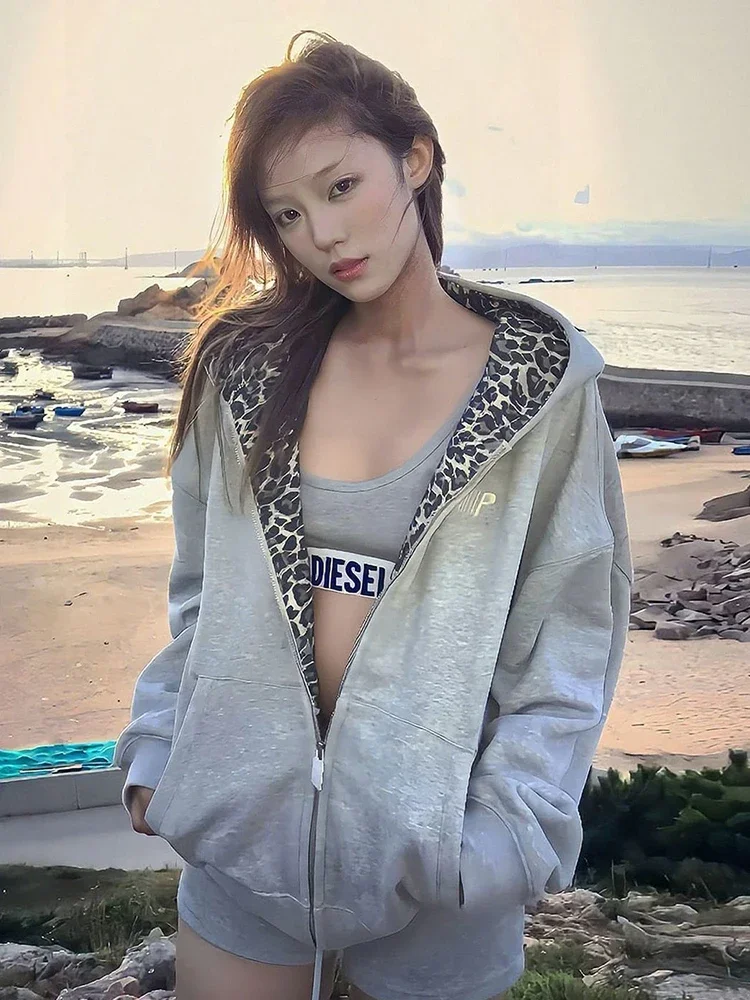 Jmprs Luipaard Retro Amerikaanse Hoodies Vrouwen Losse Hip Hop Streetwear Y2K Sweatshirts Vintage Brief Lange Mouw Bf Herfst Tops