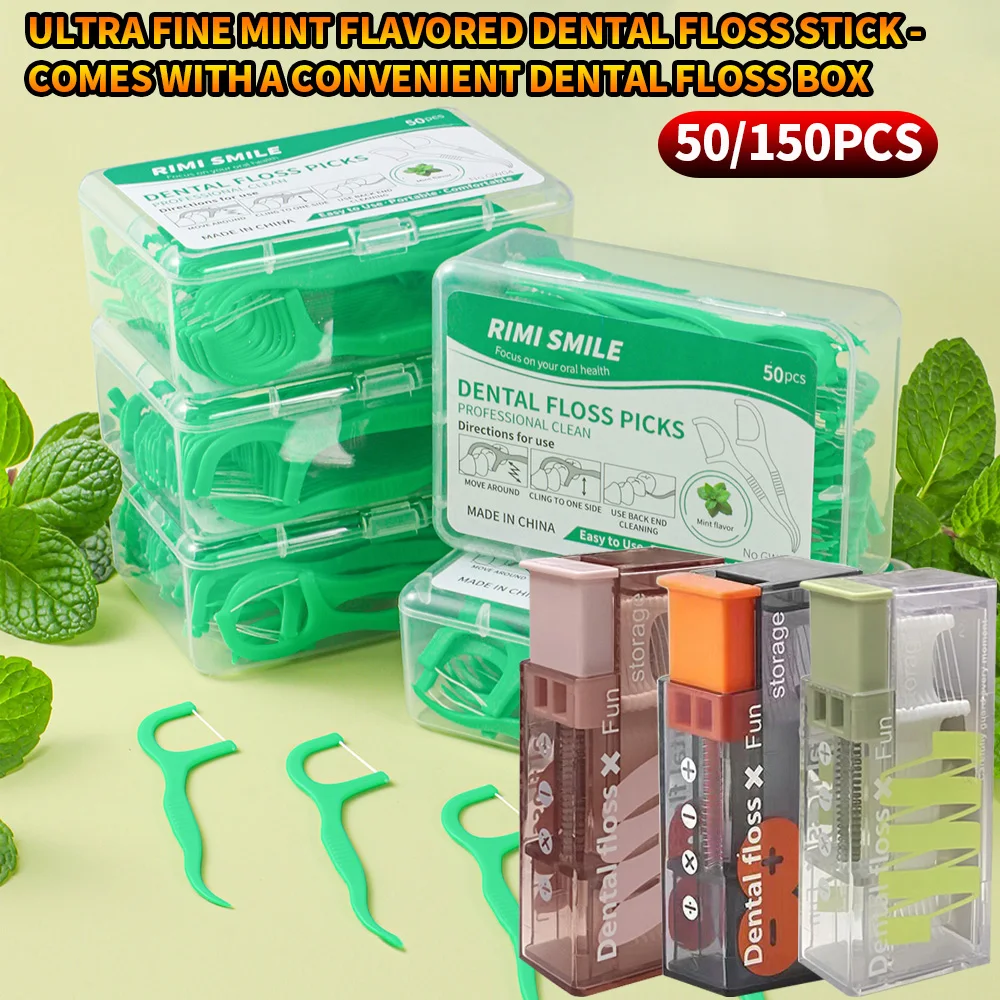 

Зубочистки RIMI SMILE 50/150 шт. ультратонкие мятные, одноразовые межзубные очистители, инструменты для ухода за полостью рта с портативным футляром для нити