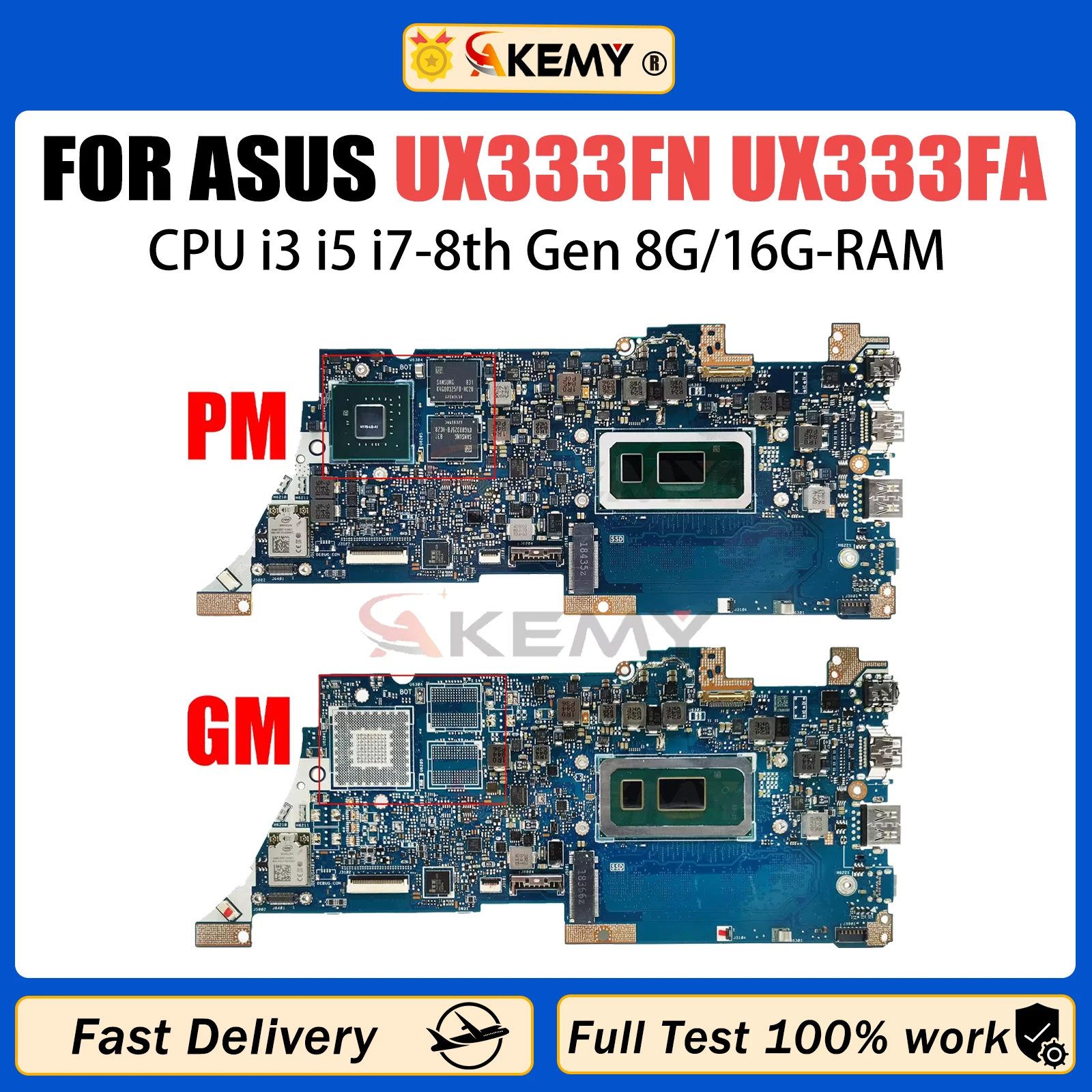 AKEMY UX333FN Mainboard For ASUS UX333FA BX333FA BX333FN RX333FA RX333FN Laptop Motherboard I3 I5 I7 8th Gen CPU 8G/16G RAM