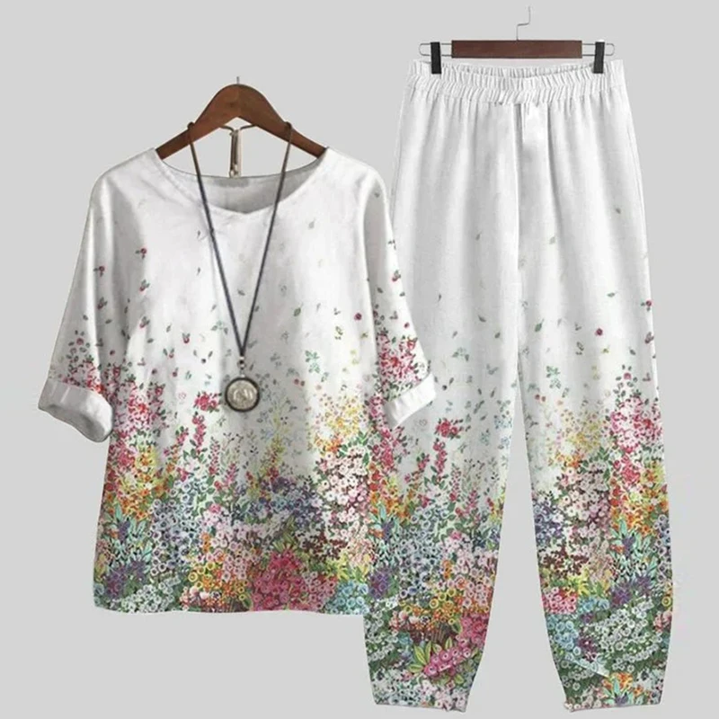 Summer Two Piece Sets Womens Outfits O Neck Flower Print Loose Short Sleeve Shirt High Waist Pants Suit 2023