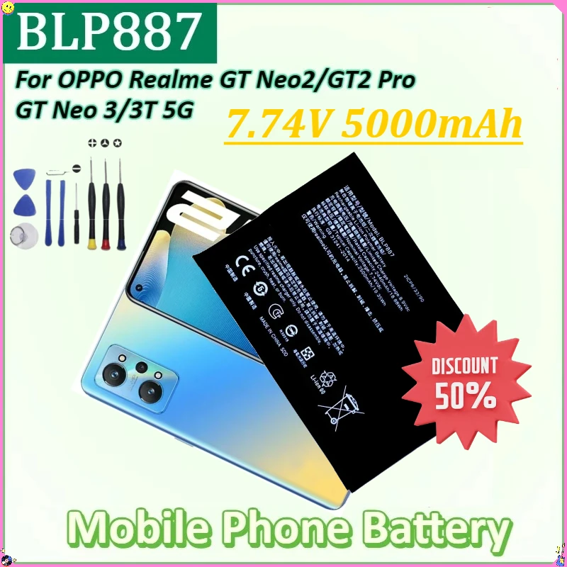 

For Oppo Realme GT Neo 2/3 RMX3370/ GT2 Pro RMX3301 RMX3300 High Quality New BLP887 7.74V 5000mAh Mobile Phone Battery + Tools