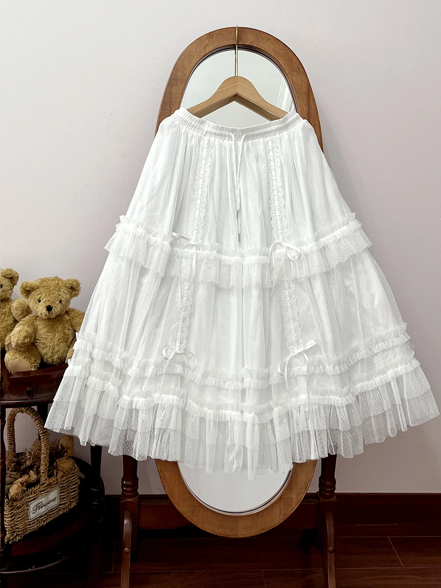 Lolita elegante saias estendidas não saia suporta emenda de renda cintura elástica babados redução de idade saias longas versáteis