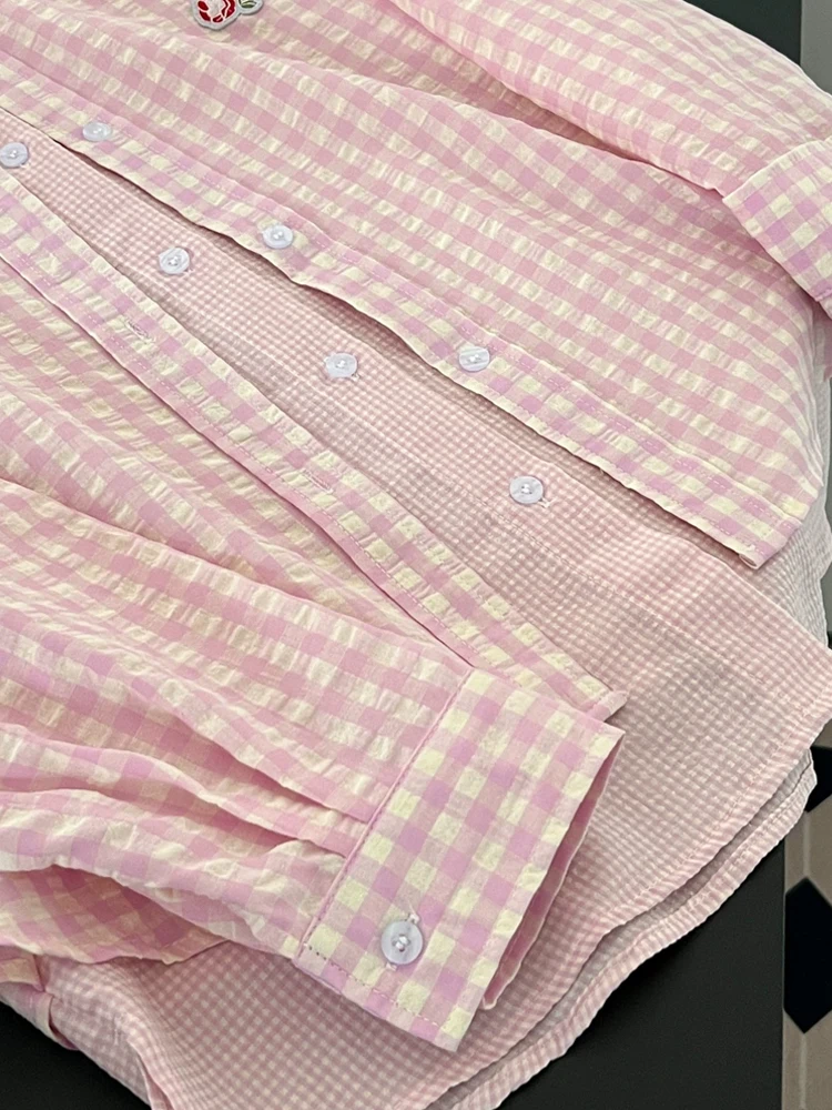 Sweet Pink Plaid irt Women's Casual Spring Autumn New Sle Small Size Top Coat Korean Version Loose Fit Button Detail