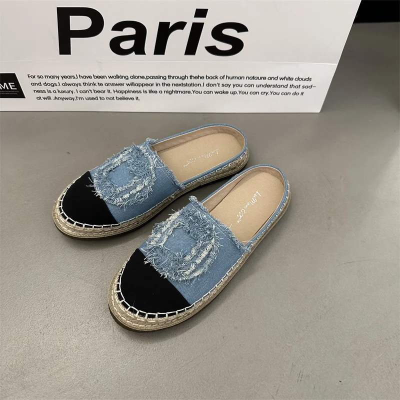 Blue Cowboy Flats Shoes Women Round Toe Slippers Summer Casual Lazy Shoes Beige Ladies Flat Sandals Loafers Zapatos De Mujer