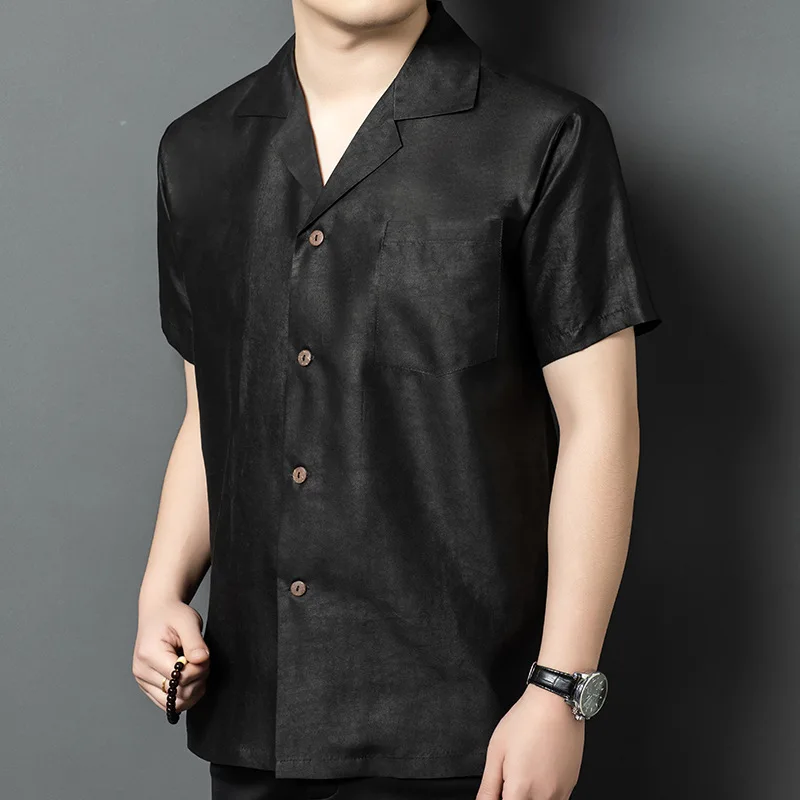

High Quality Real Silk High-End Xiangyun Yarn Men's Short-Sleeved Shirt Middle-Aged Loose Casual Dad Men