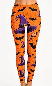 Women Mid‑Rise Fleece Lined Leggings, Halloween Witch Hat Broom Bat Spider Web Print Slim Stretch Party Pants