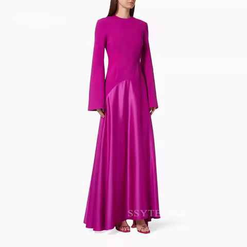 SSYTENS Modest O Neck Evening Gown For Wedding Woman A Line Formal Party Dress Long Sleeves Saudi Dress Floor Length Prom Dress