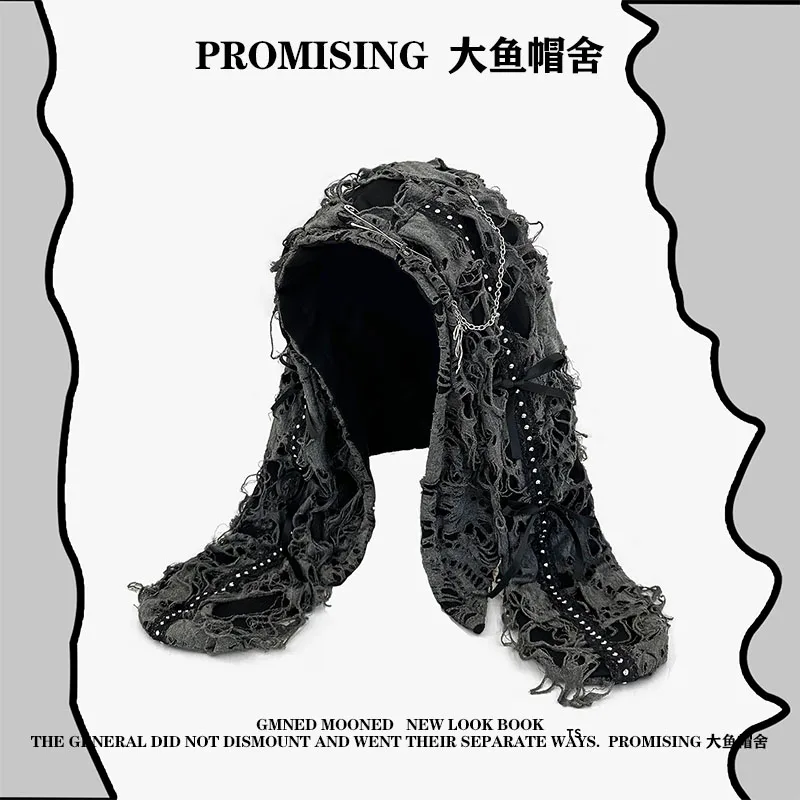 Dark Wasteland Wind Punk Chain Long Ears Pullover Hat Women Broken Sense Beggar Hole Street Ear Bomber Hat Tide