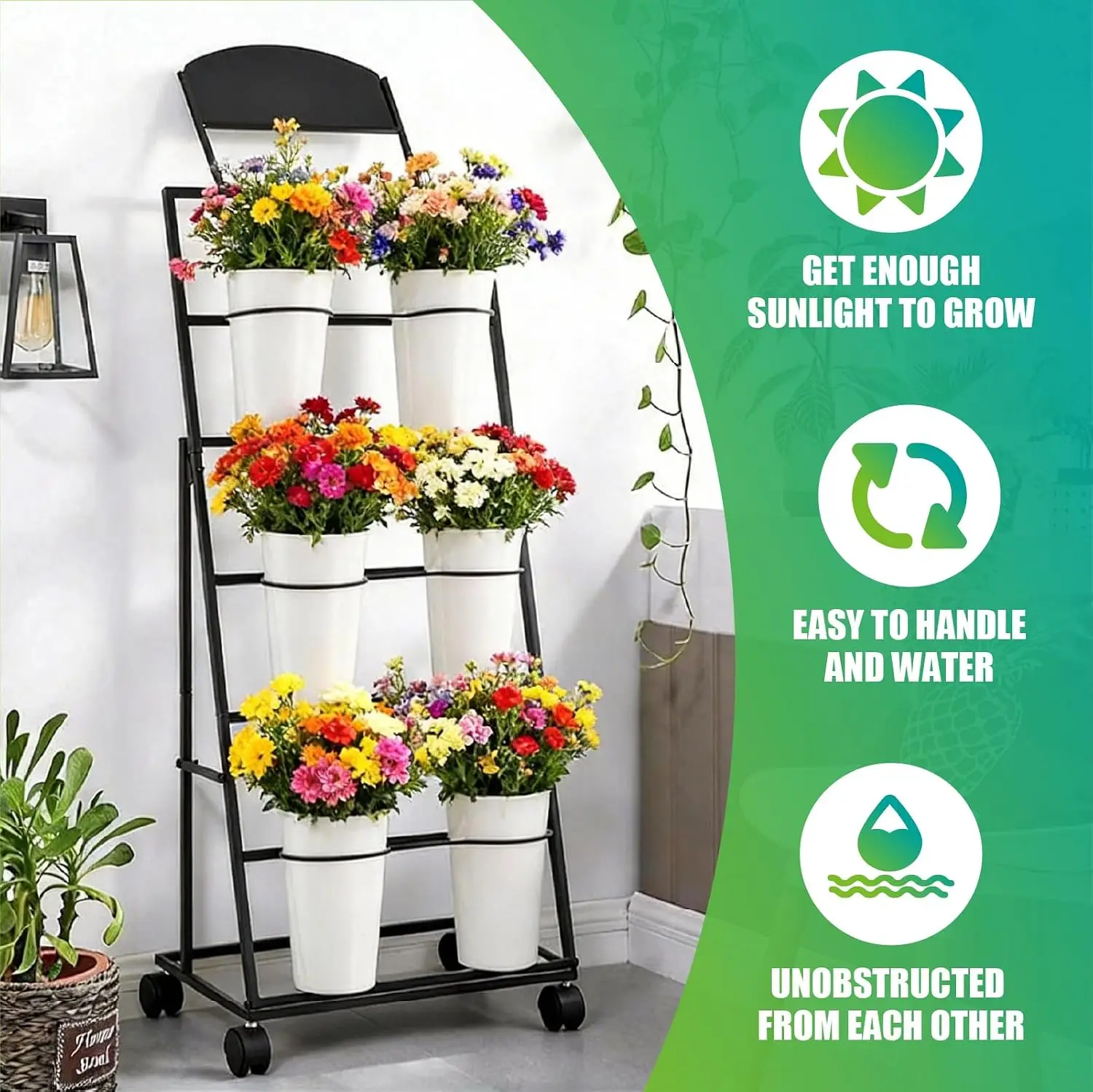 3 Tier Rolling Flower Display Stand with 6 Plastic Flower Buckets, Mobile Metal Plant Cart for Florist Shop Garden Wedding Fresh Flower Retail Display