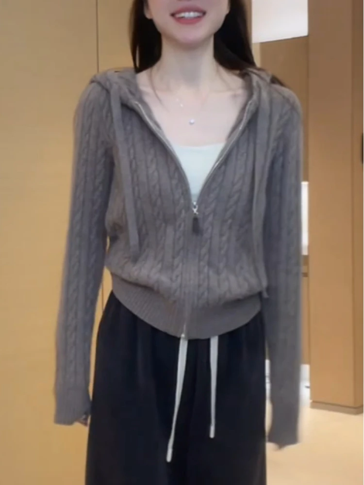 

Женский свободный длинный вязаный кардиган с капюшоном на молнии, зимний повседневный, винтажный, дышащий, удобный