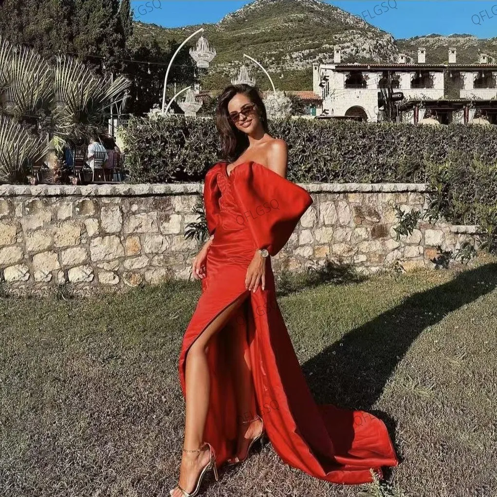 

Hot Sexy Women Dresses Floor Length Ruffled Prom Gown Red High Split Tierred Prom Gowns Birthday Wear Off Shoulder Draped