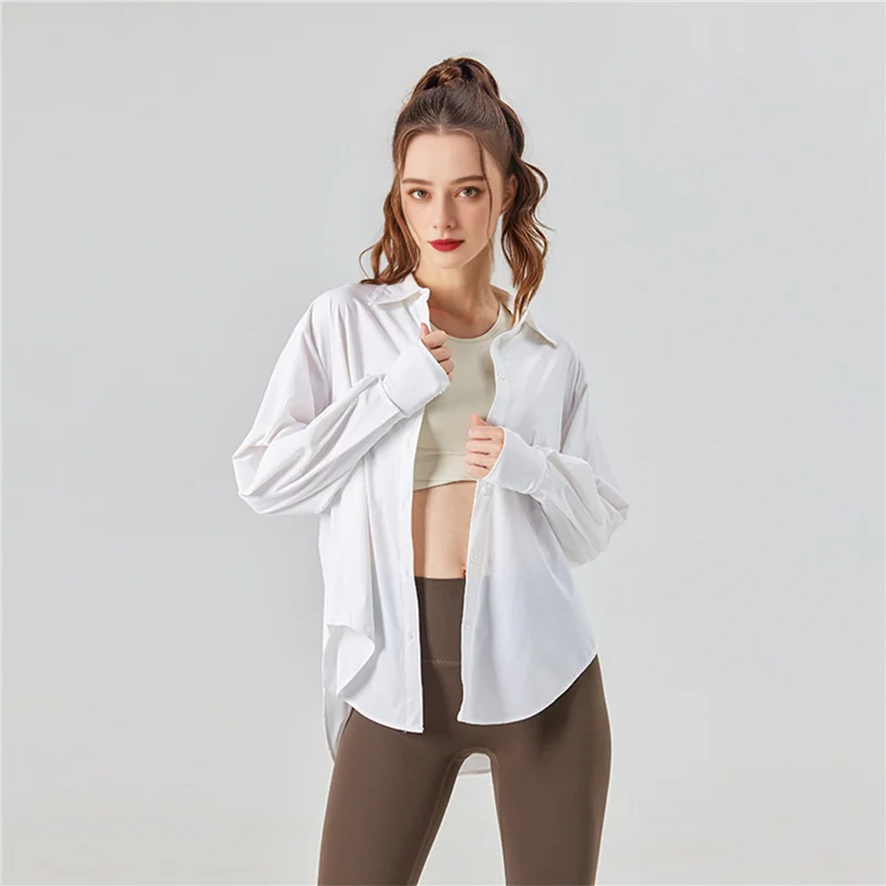 Camisas de protección solar UV de manga larga UPF 50+ para mujer, camisa de vestir con botones para pesca y senderismo, color blanco leche de coco L