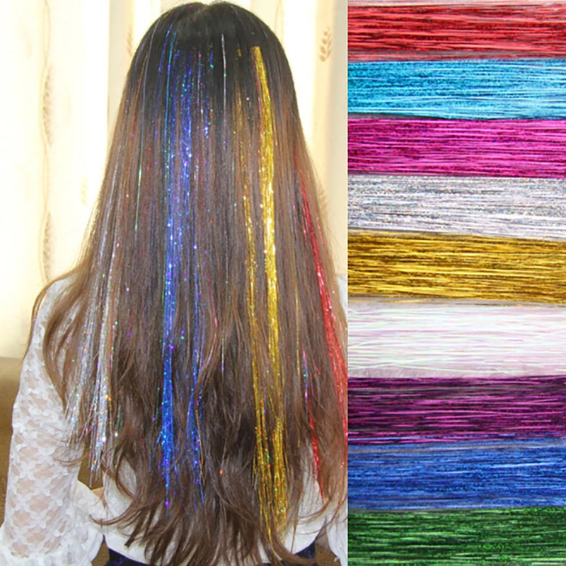 Sparkle Hair Tinsel Bling Hair Secoration For Synthetic Hair Extension Glitter Rainbow For Girls And Party 28inch 120Strands/pcs