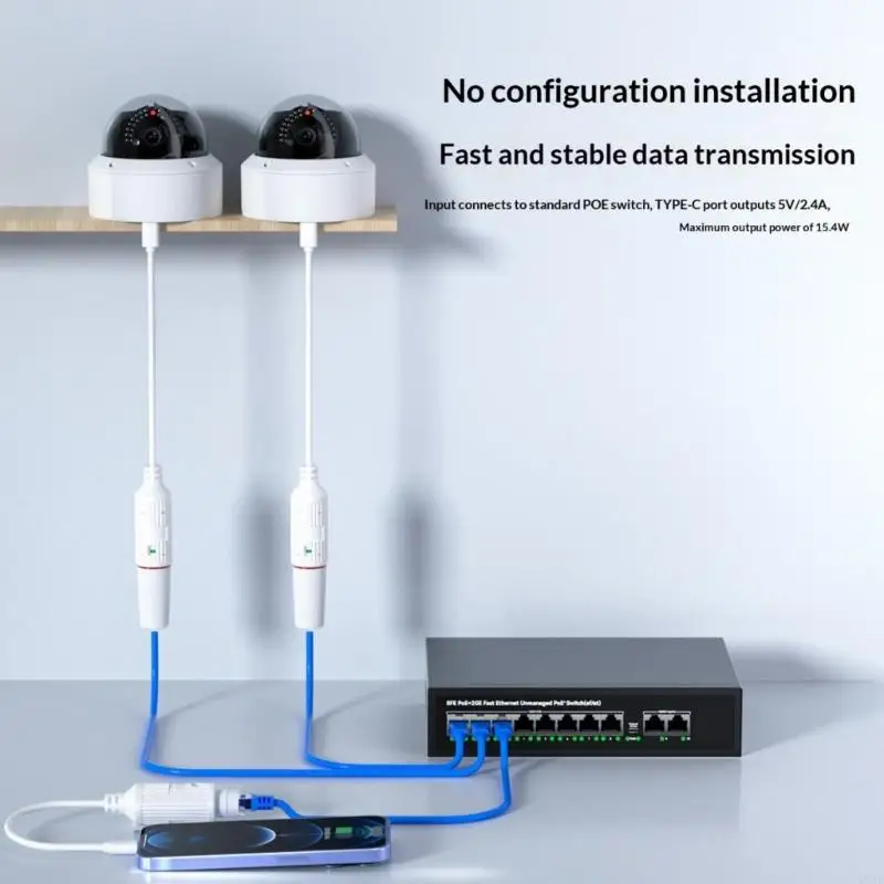 48V to 5V Voltages Converter Type C POE Splitter for Camera Systems Efficient Energy Conversion Plugs and Play PVC Build