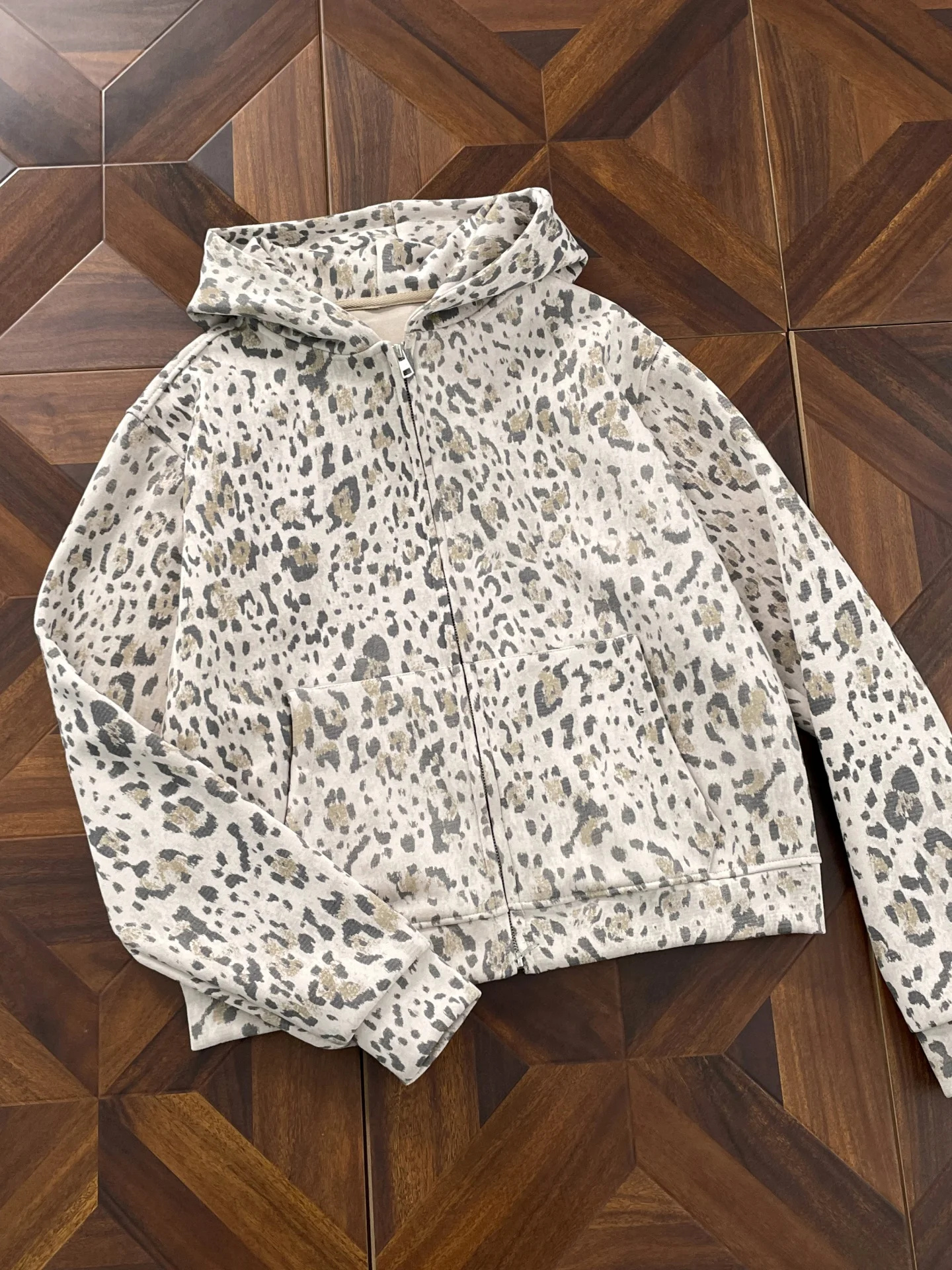 American Retro Leopard Print Couple Open Cardigan Sweatshirt Loose Street Style Men's Women's Zipped Hooded Jacket Outerwear