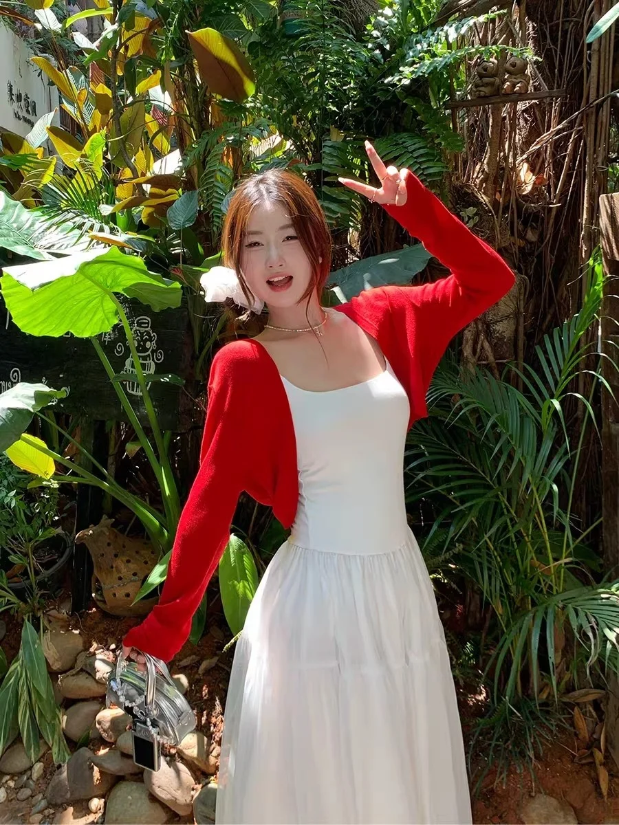 

Red Ice Silk Sun Protection Short Cardigan Women's Thin New Summer Outerwear Shawl Cover up Short Top Knitted Soft Polyester
