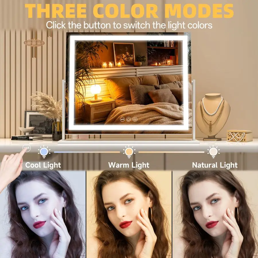 مرآة مع أضواء، مرآة مكياج مضاءة 24 × 20، شاشة تعمل باللمس مع إضاءة 3 ألوان، قابلة للتعتيم لمكتب الزينة على سطح الطاولة المربعة #3