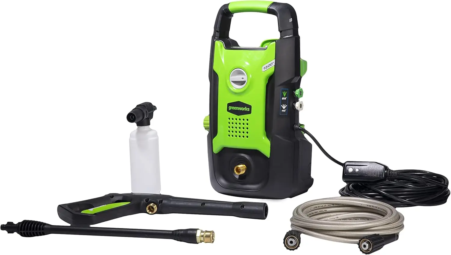 

1500 PSI Pressure Washer with 1.2 GPM Flow, Upright Hand-Carry Design, Includes Soap Applicator and 3-Year Warranty