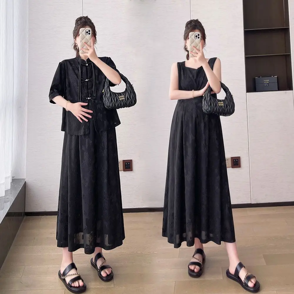 2025 New Chinese Pregnant Women's Short Sleeve Dress Chinese Style Dress Suit Solid Color Jacquard Maternity 2-piece Set LH023