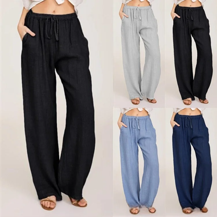 Pantalon ample décontracté à jambes larges pour femmes, grande taille, en coton et lin fin, Long, coupe confortable, pantalon décontracté pour dames
