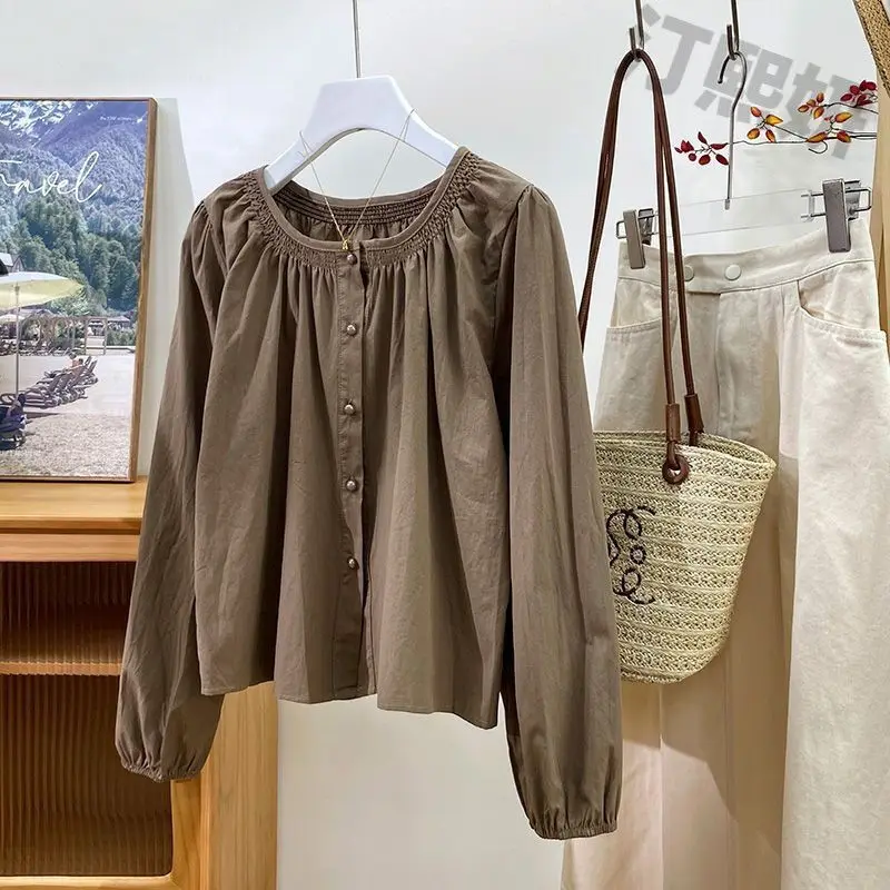 Vintage Pleated Long Sleeve Loose Shirt Tops Spring Autumn New O-neck Solid Temperament Blouse Fashion Casual Women Clothing