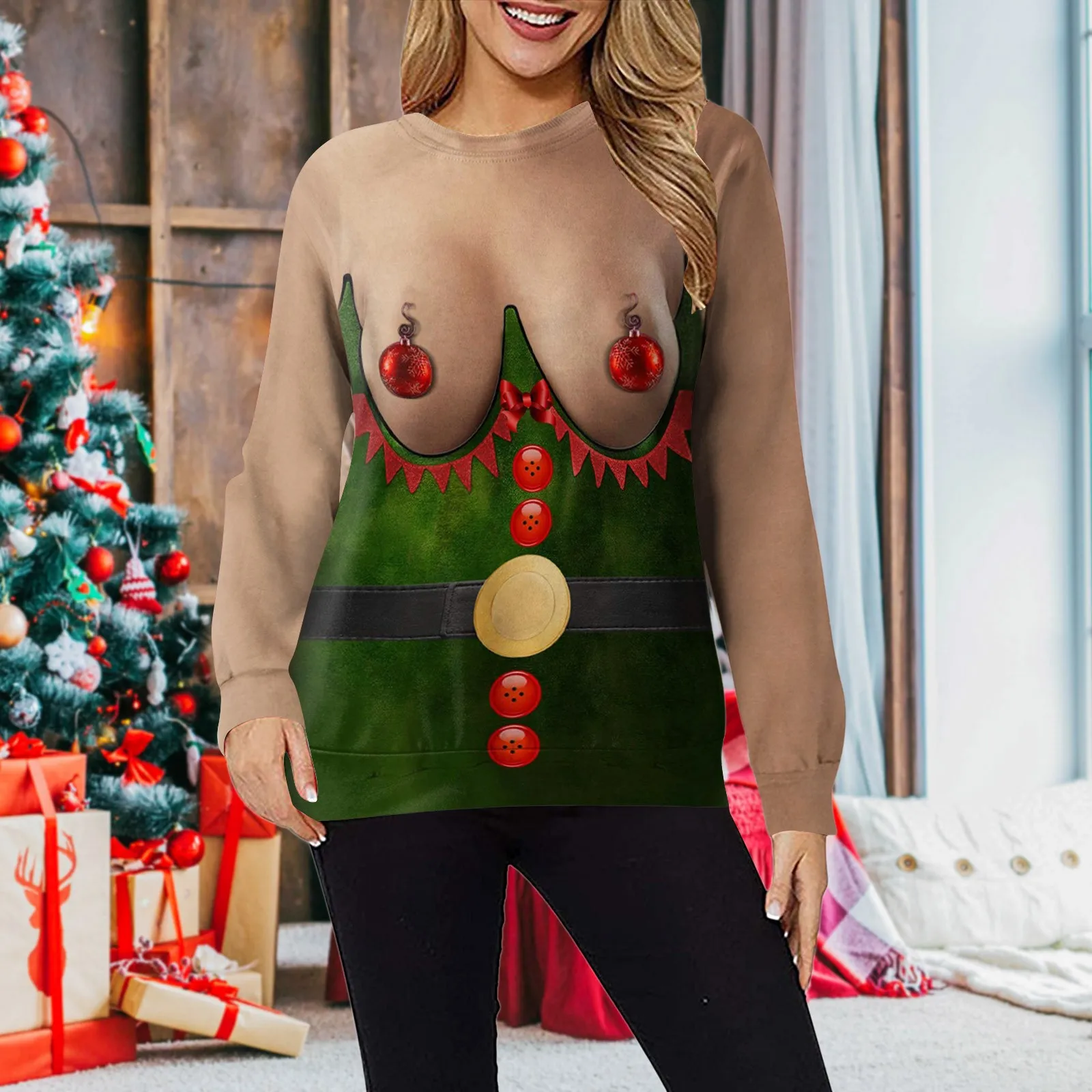 Camisola feminina de gola comprida de Natal, Gráfico 3D, Moletom festivo clássico, Roupa Unissex, Engraçado, Novidade