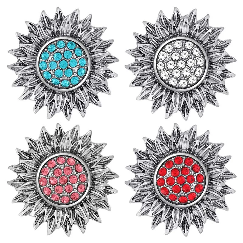 New Beauty Colorful Rhinestone Round Sunflower 18MM snap buttons fit DIY snap bracelet necklace jewelry wholesale