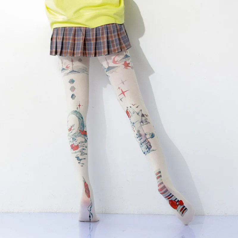 Women Retro Oil Painting Printed Tights Gothic Harajuku Tattoo Pantyhose Girl Fancy Velvet Stocking Lolita Pantyhoses