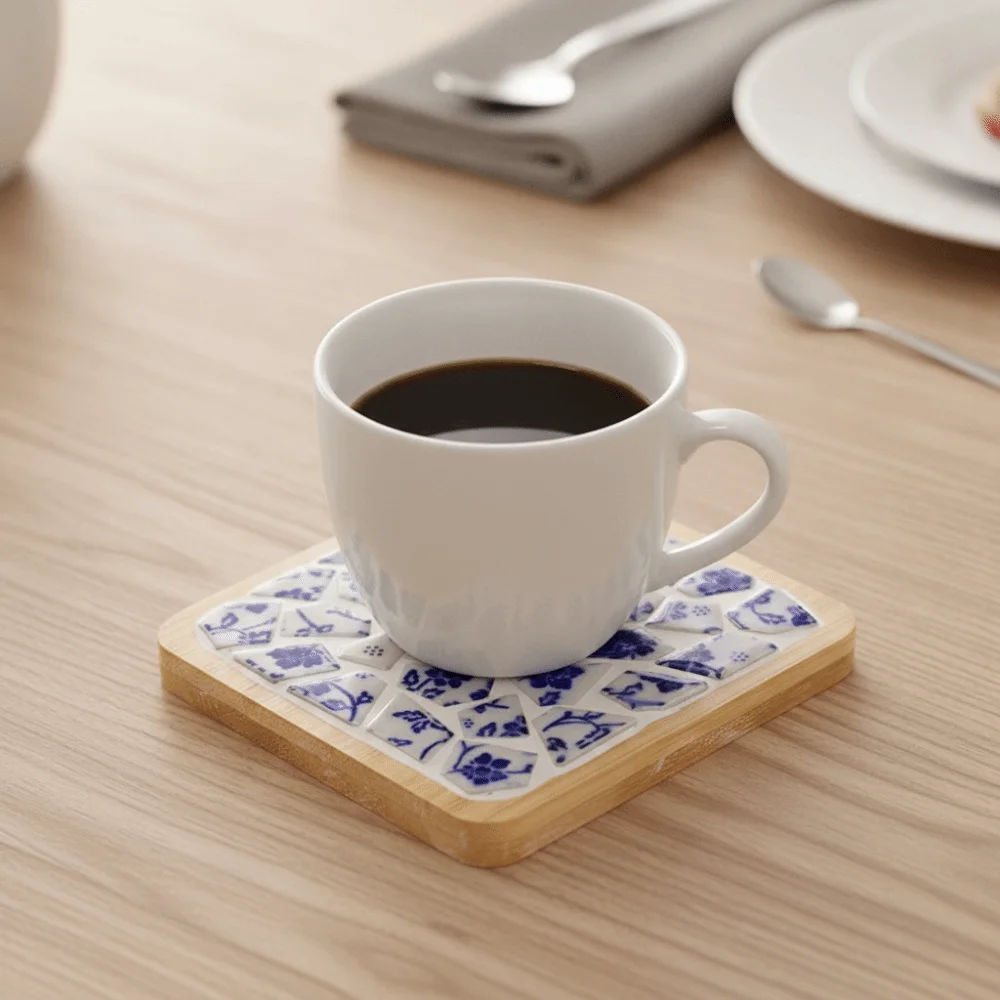 Chinese Style Blue White Porcelain Coaster Material Kit Bamboo Base Smooth Granular Edge Mosaic Coaster Material Kit