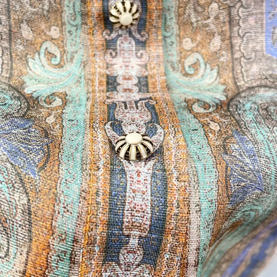 

Suitable for All Season New Blue 2025 Paisley Print Long Sleeve Turn Down Collar Blouse Tops and Skirt Set